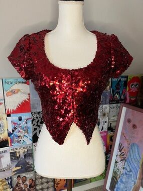 Betsey Johnson Red Sequin Pointed Hem Crop Top